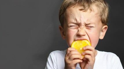 Funny cute boy biting a piece of fresh lemon and feeling the sour of the fruit isolated on gray background, funny kid portrait.