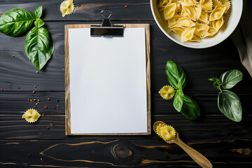 pasta with fresh tortellini, basil leaves and blank notebook with recipes on a dark wooden surface.