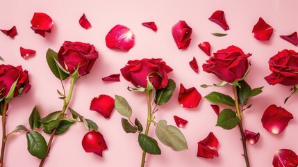 Beautiful red roses on a pink background