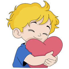 cartoon doodle illustration of falling in love, a handsome boy is excitedly hugging a love pillow