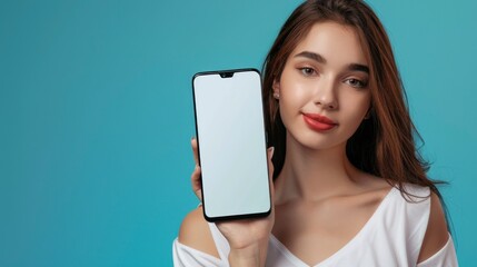 Beautiful woman holding a cell phone with a white screen on a blue background in high resolution and high quality. CONCEPT mockup - obrazy, fototapety, plakaty