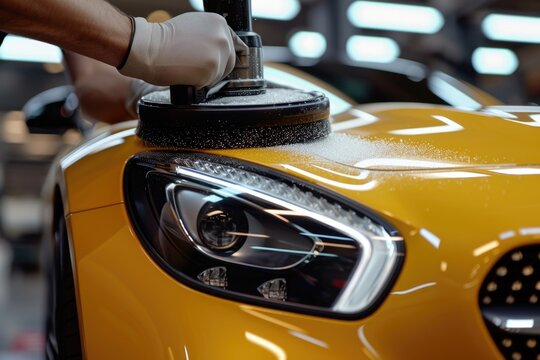 Professional car service worker polishing luxury car.