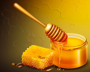 Honey dripping from wooden dipper