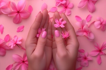 Female hands with pink nail design. Pink nail polish manicure. Woman hands hold pink flowers