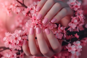 Female hands with pink nail design. Pink nail polish manicure. Woman hands hold pink flowers