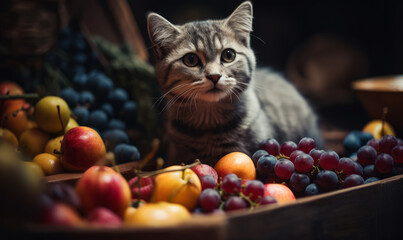 Gray cat sits among the fruits and berries
