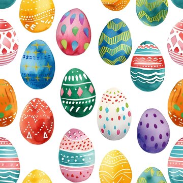 Happy easter watercolor seamless pattern. Multi-colored Easter eggs. Generated ai