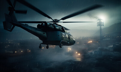 Military helicopter is taking off during storm. - obrazy, fototapety, plakaty