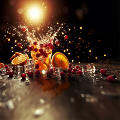Orange juice interlaced with cramberry juice, big splashes mixing in the air super slowmotion adorned with fruit Illuminate with product lighting