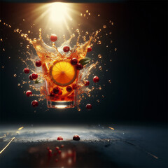 Orange juice interlaced with cramberry juice, big splashes mixing in the air super slowmotion adorned with fruit Illuminate with product lighting