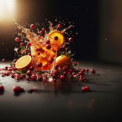 Orange juice interlaced with cramberry juice, big splashes mixing in the air super slowmotion adorned with fruit Illuminate with product lighting high resolution	
