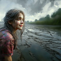 Girl plaing in the mud clowdy day smiling to the fun ahead - obrazy, fototapety, plakaty