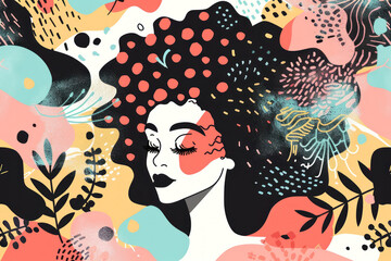 modern abstract portrait of woman with polka dot hair and botanical elements