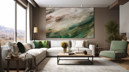 Large abstract art hangs above white couch in modern living room