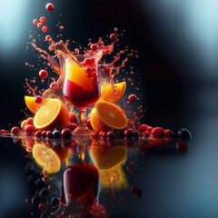 framed to the right, orange juice interlaced with cramberry juice, big splashes mixing in the air super slowmotion adorned with fruit Illuminate with product lighting high resolution
