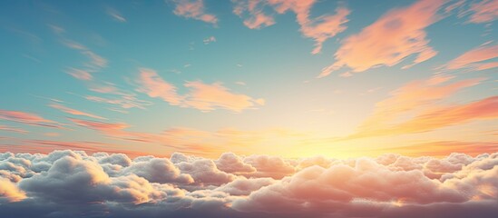 A serene view capturing a sunset over a sky filled with fluffy clouds while a plane flies in the distance