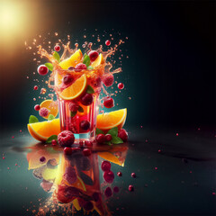 Orange juice interlaced with cramberry juice, big splashes mixing in the air super slowmotion adorned with fruit Illuminate with product lighting high resolution
