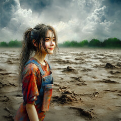 Girl plaing in the mud clowdy day smiling to the fun ahead - obrazy, fototapety, plakaty