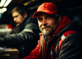 Obraz premium Portrait of senior man with beard in red cap and backpack