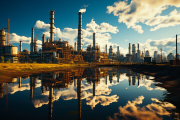 Fototapeta premium Refinery is reflected in body of water.