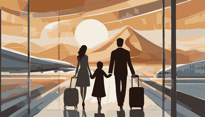 A family walks in the airport with suitcases. Silhouettes rear view, colorful shapes: vector illustration. 