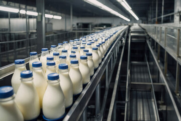 Row of milk bottles on a conveyor belt. Efficient modern milk conveyor for filling milk on a blurred background