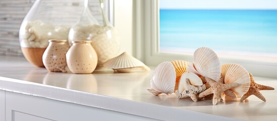 The kitchen counter is decorated with various shells and starfish, adding a coastal touch to the interior