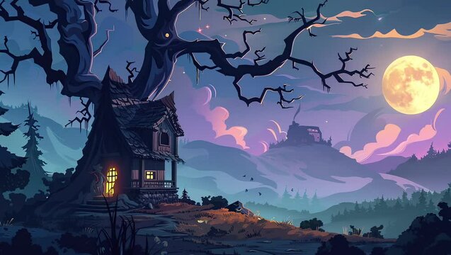 Eerie tree house in a fantastical forest
  Seamless looping 4k time-lapse virtual video animation background. Generated AI
