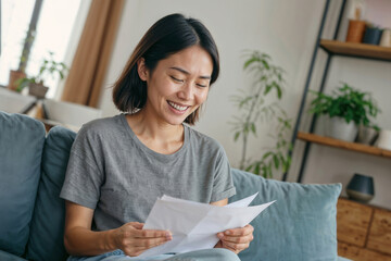 Naklejka premium Asian woman is sitting on couch at home and reading a good news of document. She is smiling and she is happy. Emotion of joy and success, home loan approval, good news from bank