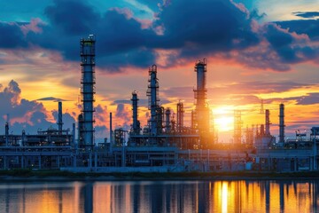 Fototapeta premium Close up Industrial view at oil refinery plant form industry zone with sunrise and cloudy sky