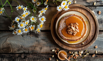 rustic buckwheat pancakes with honey drizzle and fresh chamomile decoration - obrazy, fototapety, plakaty