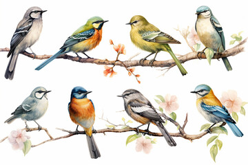 Watercolor birds on branch. Hand drawn illustration isolated on white background