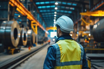 Industrial engineer in safety gear at metalworking factory.