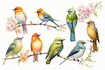 Watercolor birds on branch. Hand drawn illustration isolated on white background