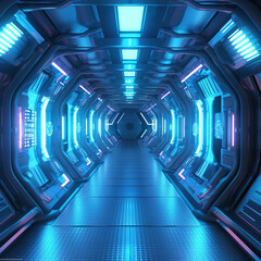 Spaceship corridor. Futuristic tunnel with light,