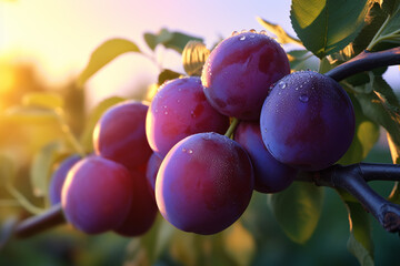 Plum tree with ripe purple plums in the garden at sunset