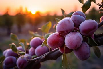 Plum tree with ripe purple plums in the garden at sunset