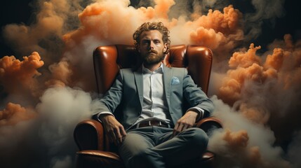 Handsome businessman sitting in an armchair in a smokey interior - obrazy, fototapety, plakaty