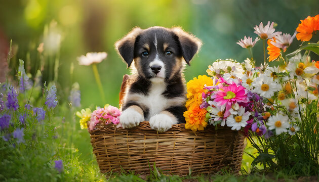 Adorable Garden Companion. Puppy Poses with a Basket of Flowers.