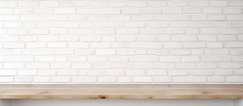 There is a wooden shelf against a white brick wall in the background