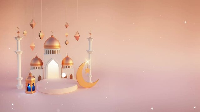 Ramadan Kareem celebration banner: modern 3D illustration background with mosque, half moon, star, and lantern. Eid Mubarak, podium, and particle light	
