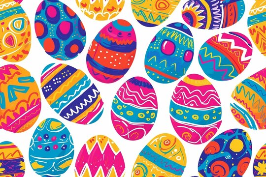 Happy easter watercolor illustration. Multi-colored Easter eggs. Generated ai