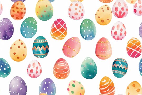 Happy easter watercolor illustration. Multi-colored Easter eggs. Generated ai