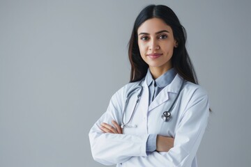 Indian female doctor in white coat with stethoscope  smiling.