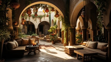 Luxury hotel lobby interior with arches, tables and chairs - obrazy, fototapety, plakaty