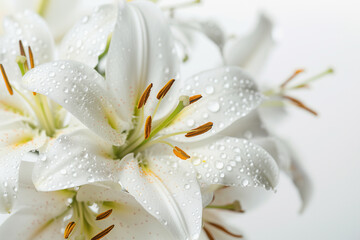 Obraz na płótnie Canvas white lilies, their petals adorned with delicate dew drops