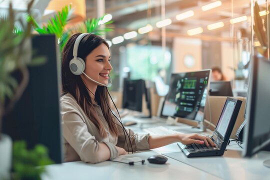 Friendly female customer service helpline operator working on computer in ofice