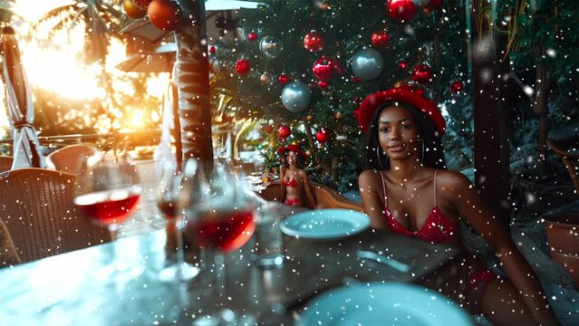 Black young woman close-up.  Christmas and new year decorations background, with glass balls. Black woman wearing a red Christmas hat. Christmas social media marketing. Generative AI.