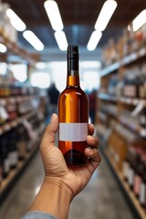 bottle of wine in hand at a wine store Generative AI