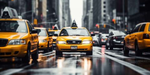 Fototapeta na wymiar yellow taxi car in traffic on a city street slow motion Generative AI